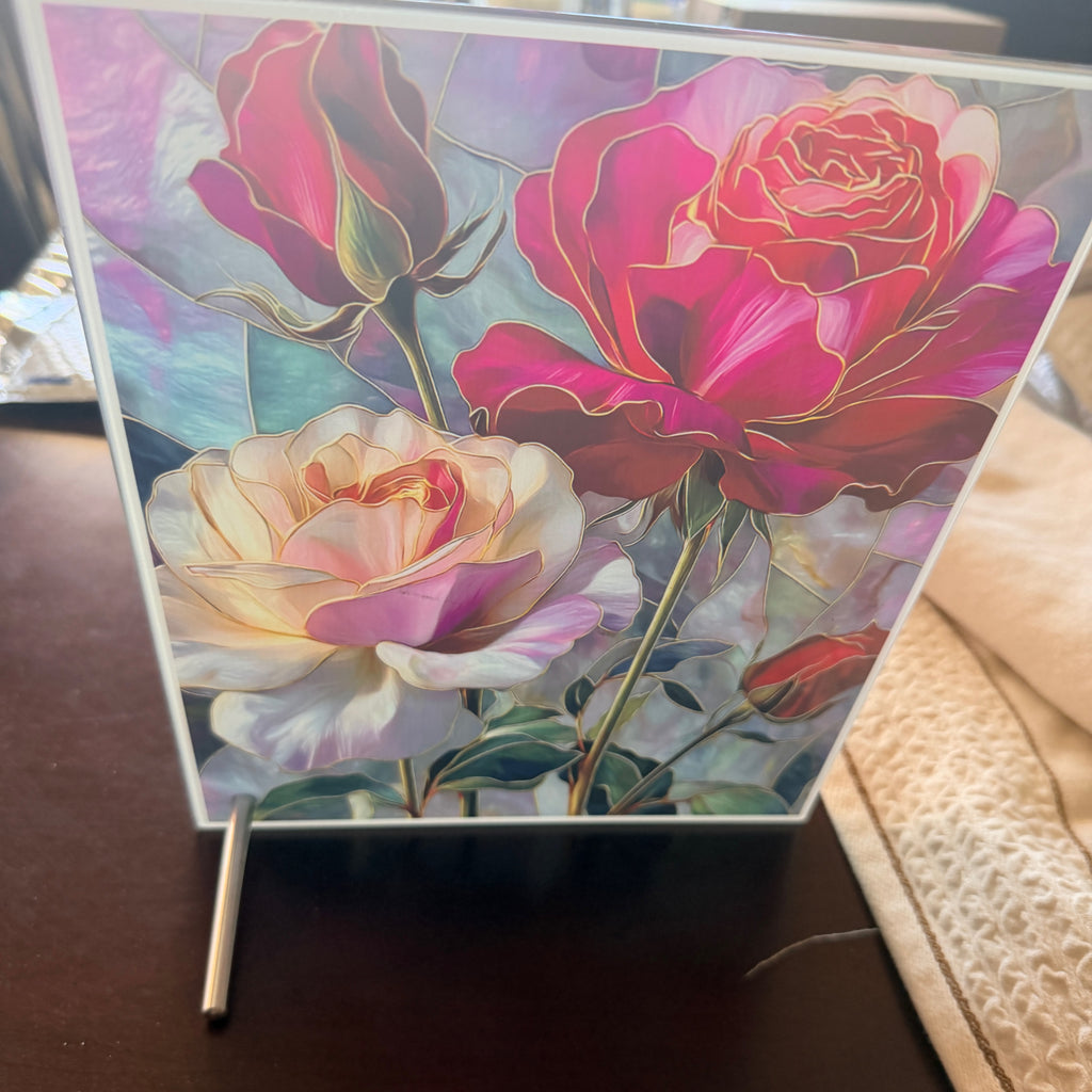 Gorgeous Rose Theme on Glass with Stand. 8" x 10" size