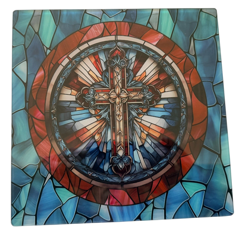 Stained Glass Design on Glass with Cross.