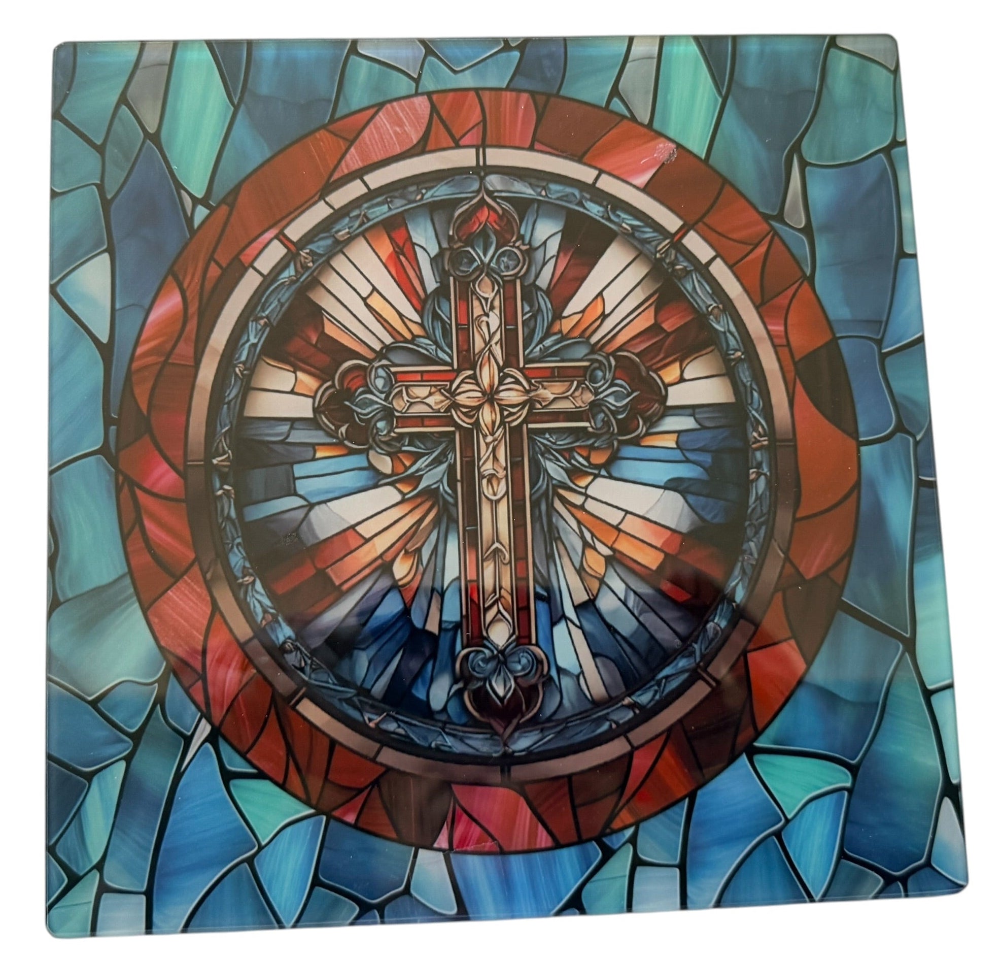 Stained Glass Design on Glass with Cross.