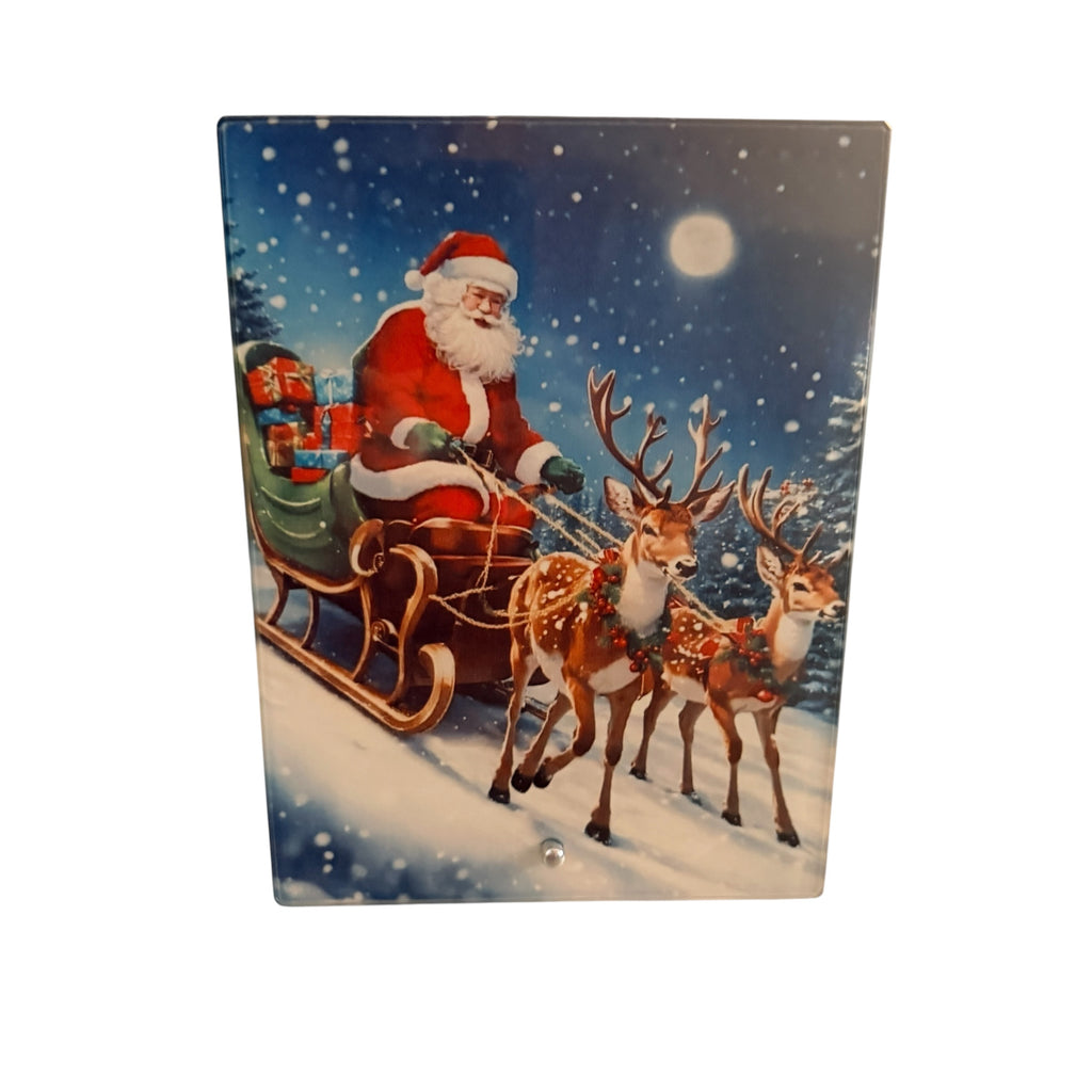 Christmas Scene of Santa and Reindeer on Glass with Stand 6" x 8"