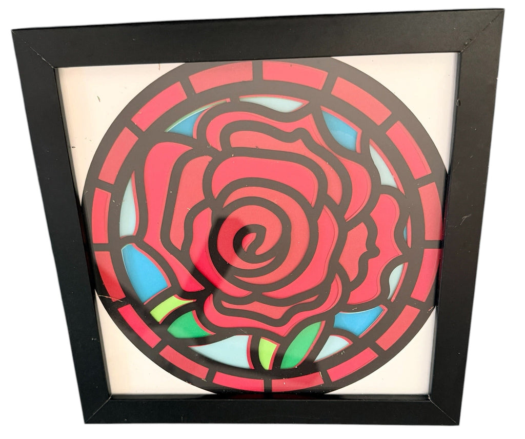 8" Shadow Box of Layered Cardstock Rose.  White or Black Frame