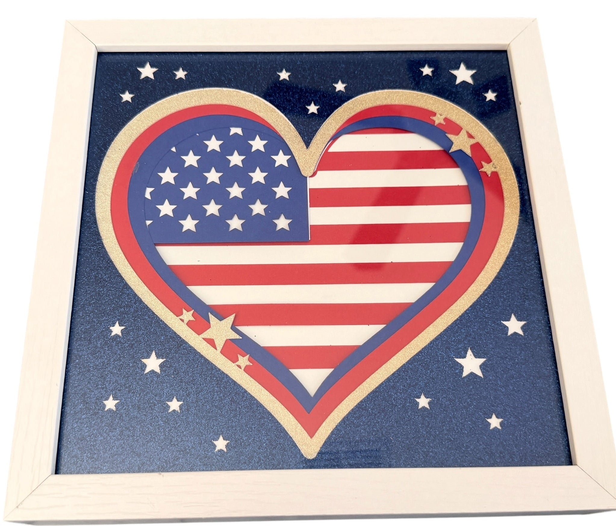 Patriotic Shadow Box Heart With Flag. 9" x 9". Choice of Frame Color