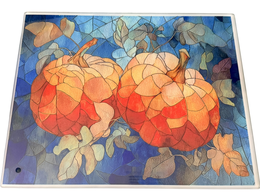 Gorgeous Pumpkin Fall Scene on Glass.  Stand taped to Back. 11" x 8"