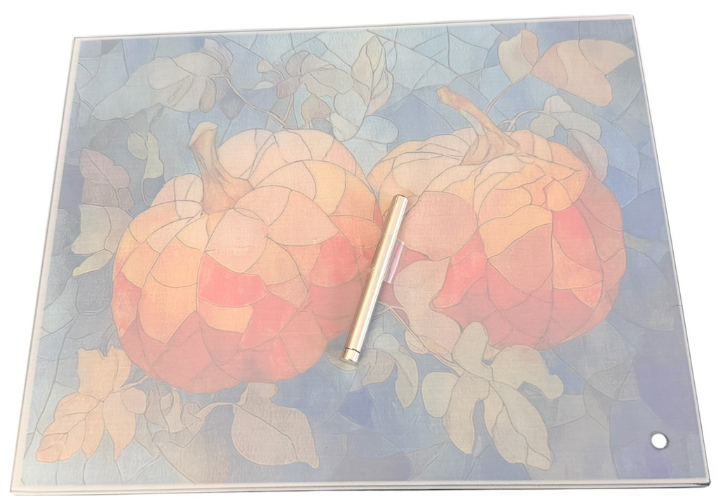 Gorgeous Pumpkin Fall Scene on Glass.  Stand taped to Back. 11" x 8"