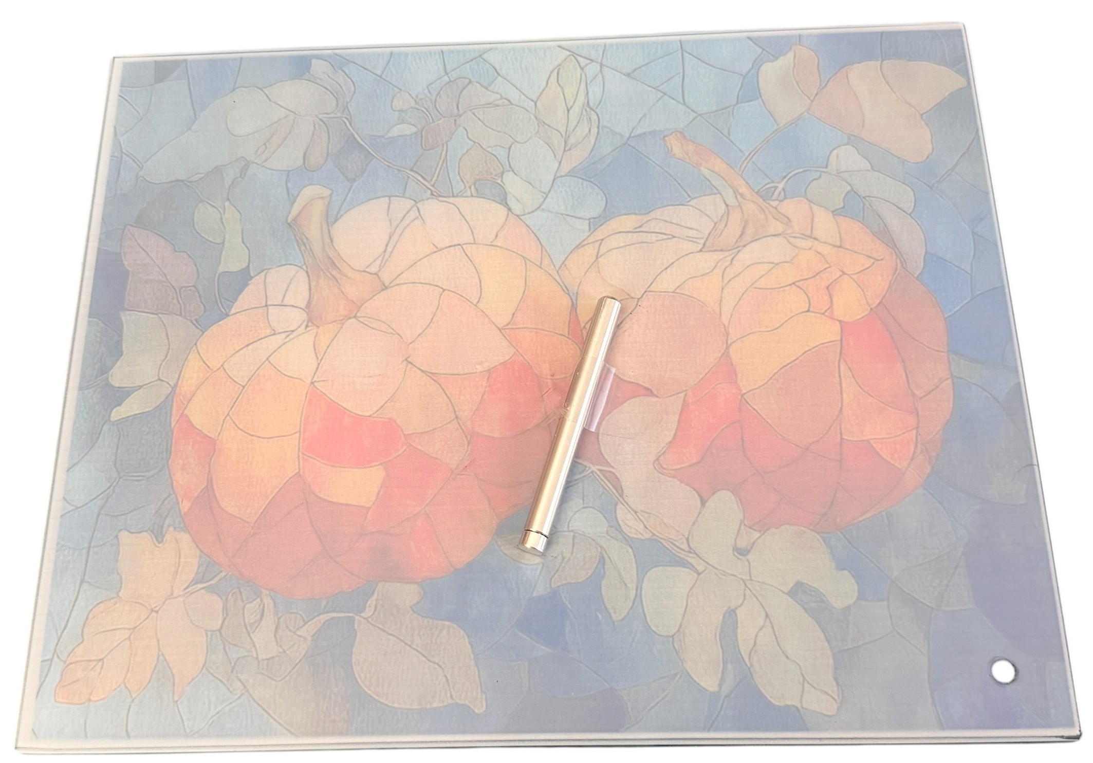 Gorgeous Pumpkin Fall Scene on Glass.  Stand taped to Back. 11" x 8"