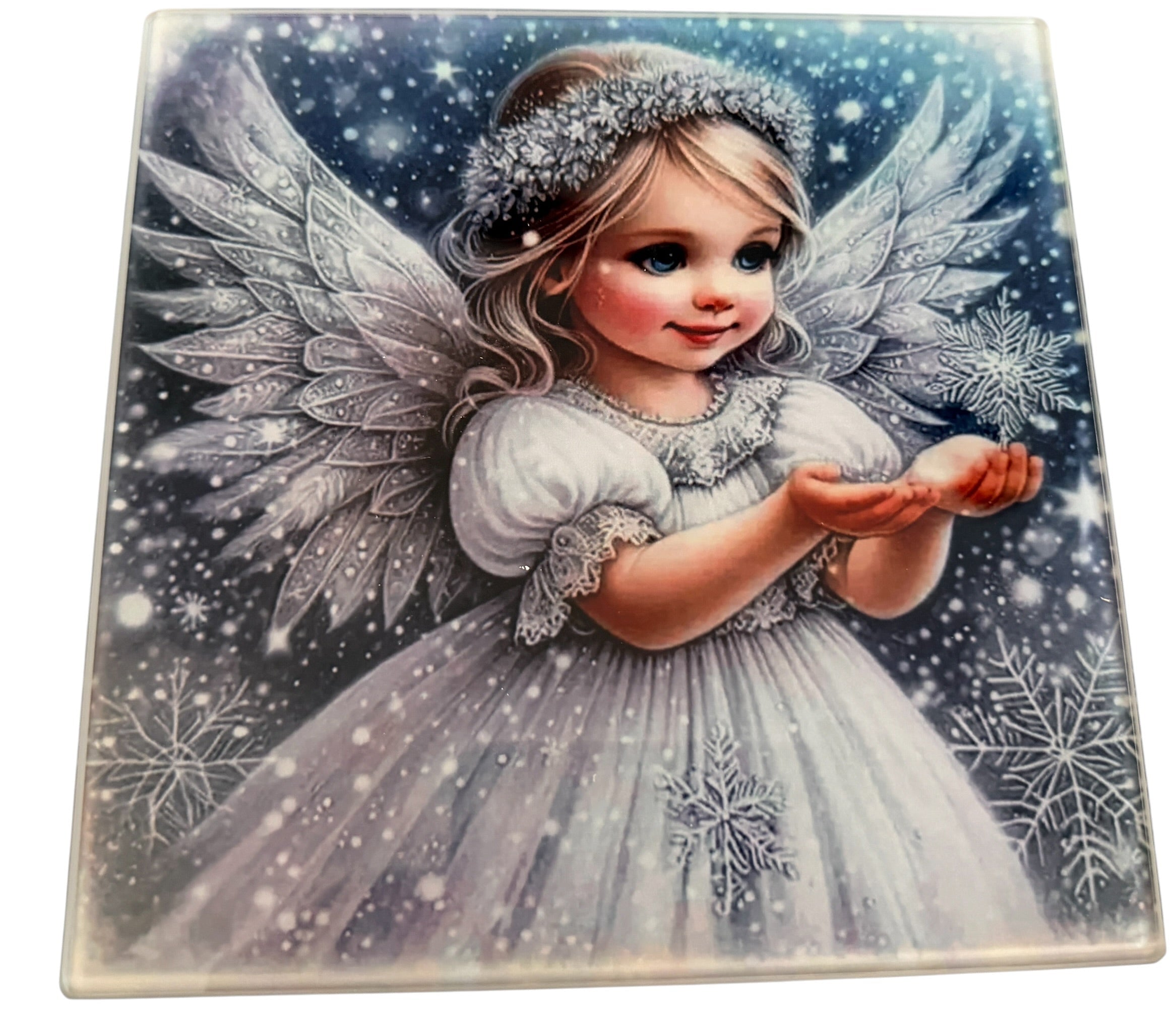 Beautiful Christmas Wintry Angel on Glass. 8" x 8".