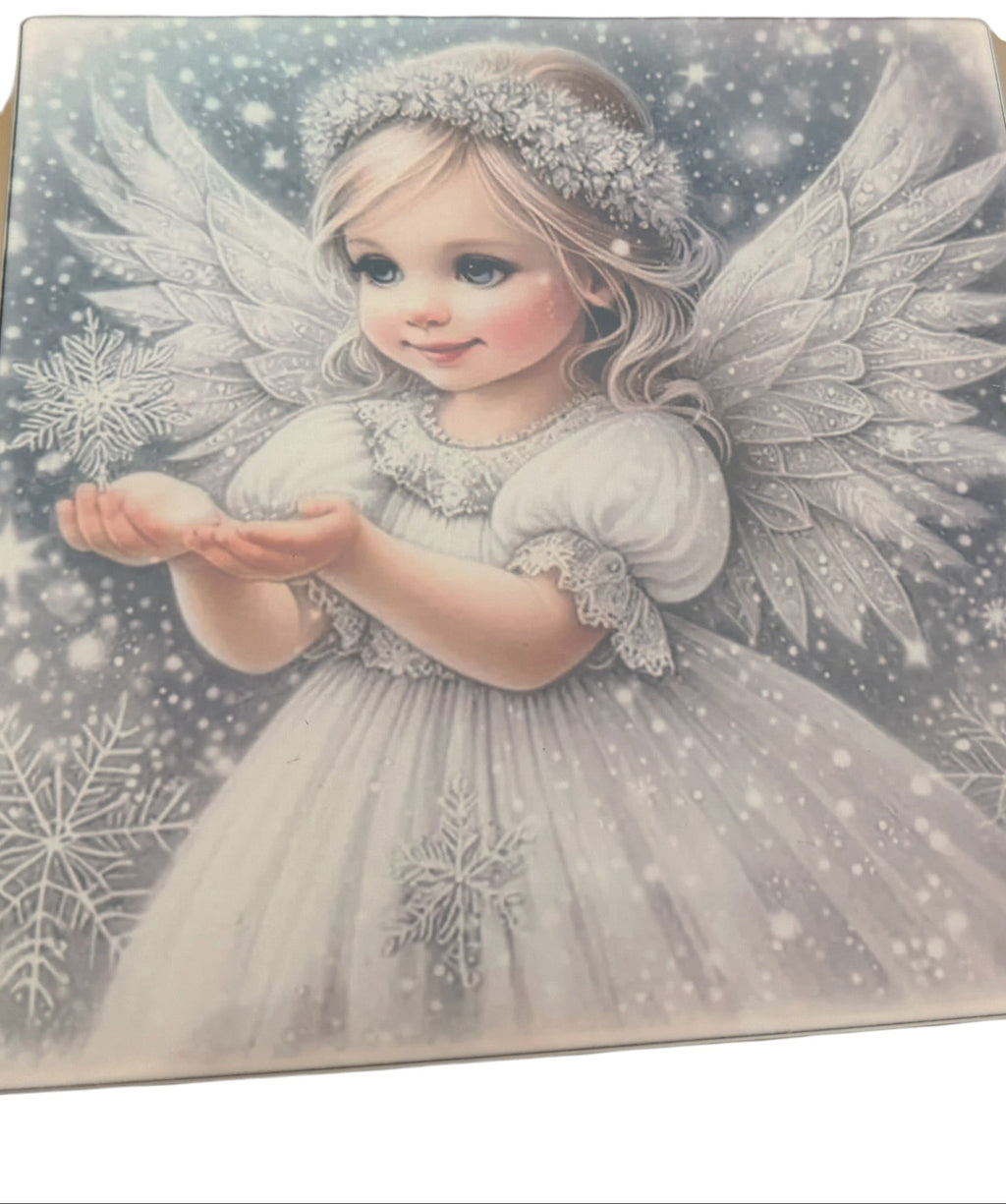 Beautiful Christmas Wintry Angel on Glass. 8" x 8".