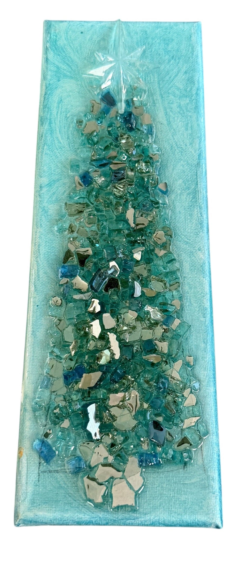 Beautiful Crushed Glass Christmas Tree on Painted Canvas. 4" x 12" x 1.5"