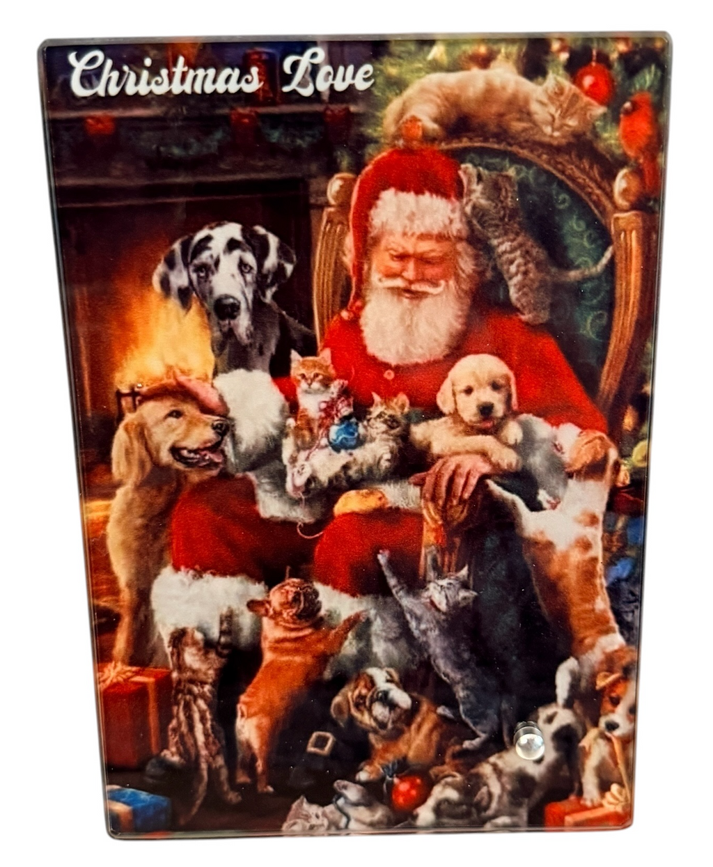 Fun Christmas Santa with Dogs on Glass with Stand.  4" x 6"