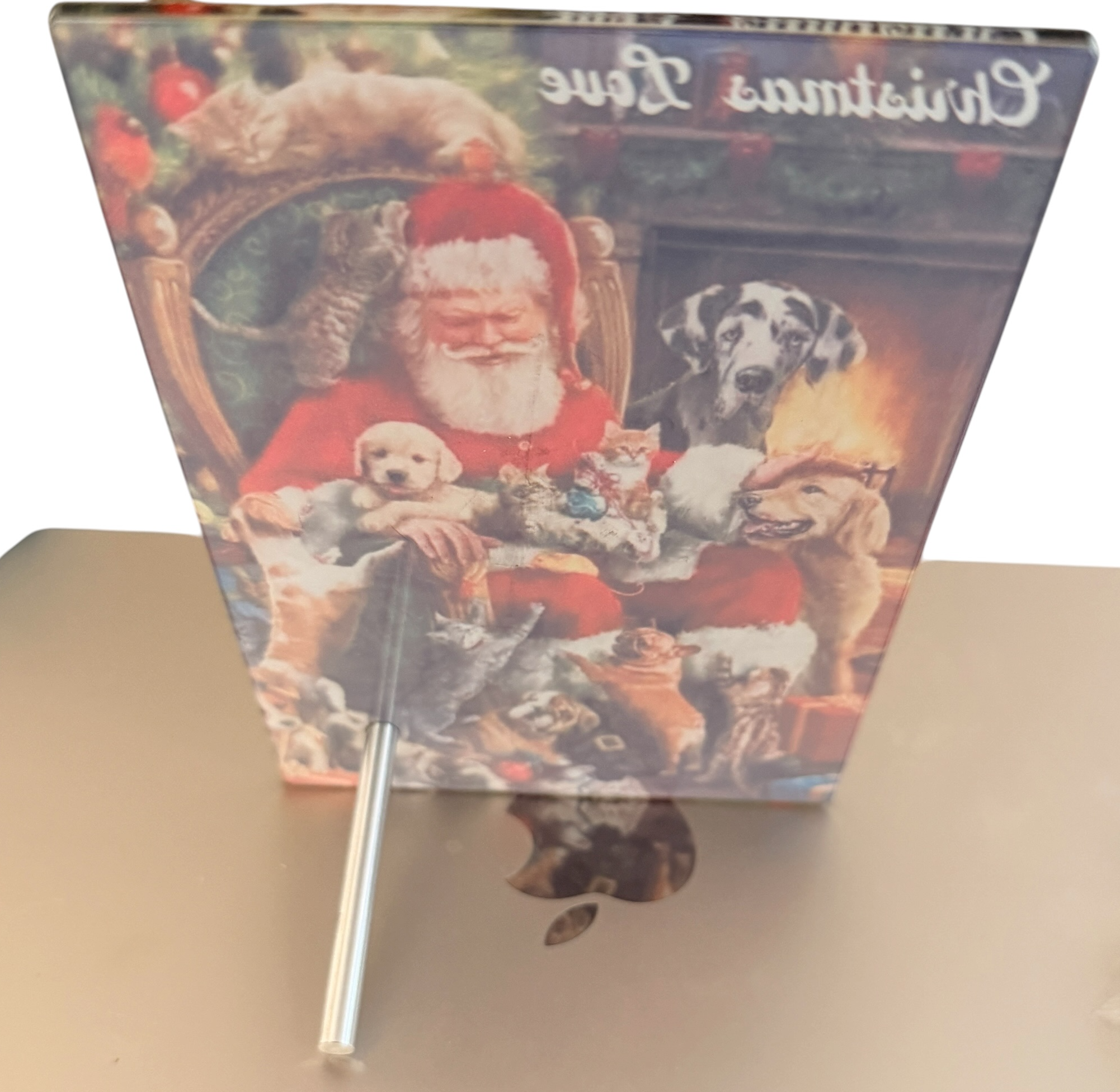 Fun Christmas Santa with Dogs on Glass with Stand.  4" x 6"