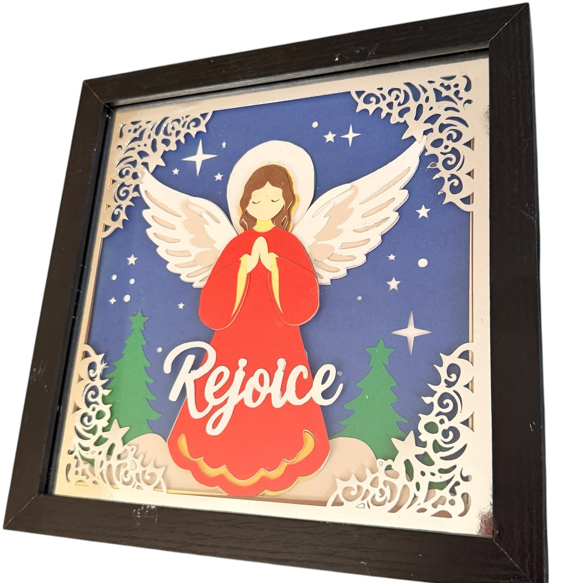 Christmas Angel "Rejoice" Shadow Box 9" x 9". Choice of Frame Color.