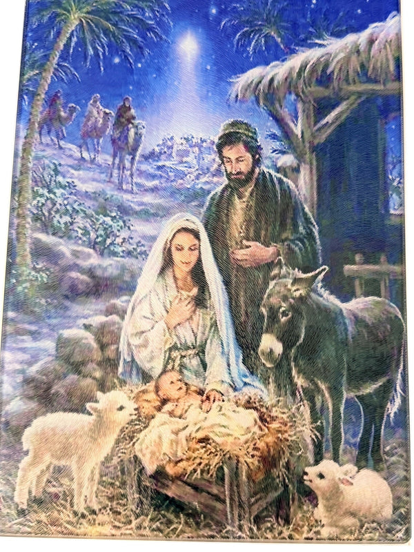 New Gorgeous Tempered Glass Cutting Board Christmas Nativity Scene. 8" x 11"