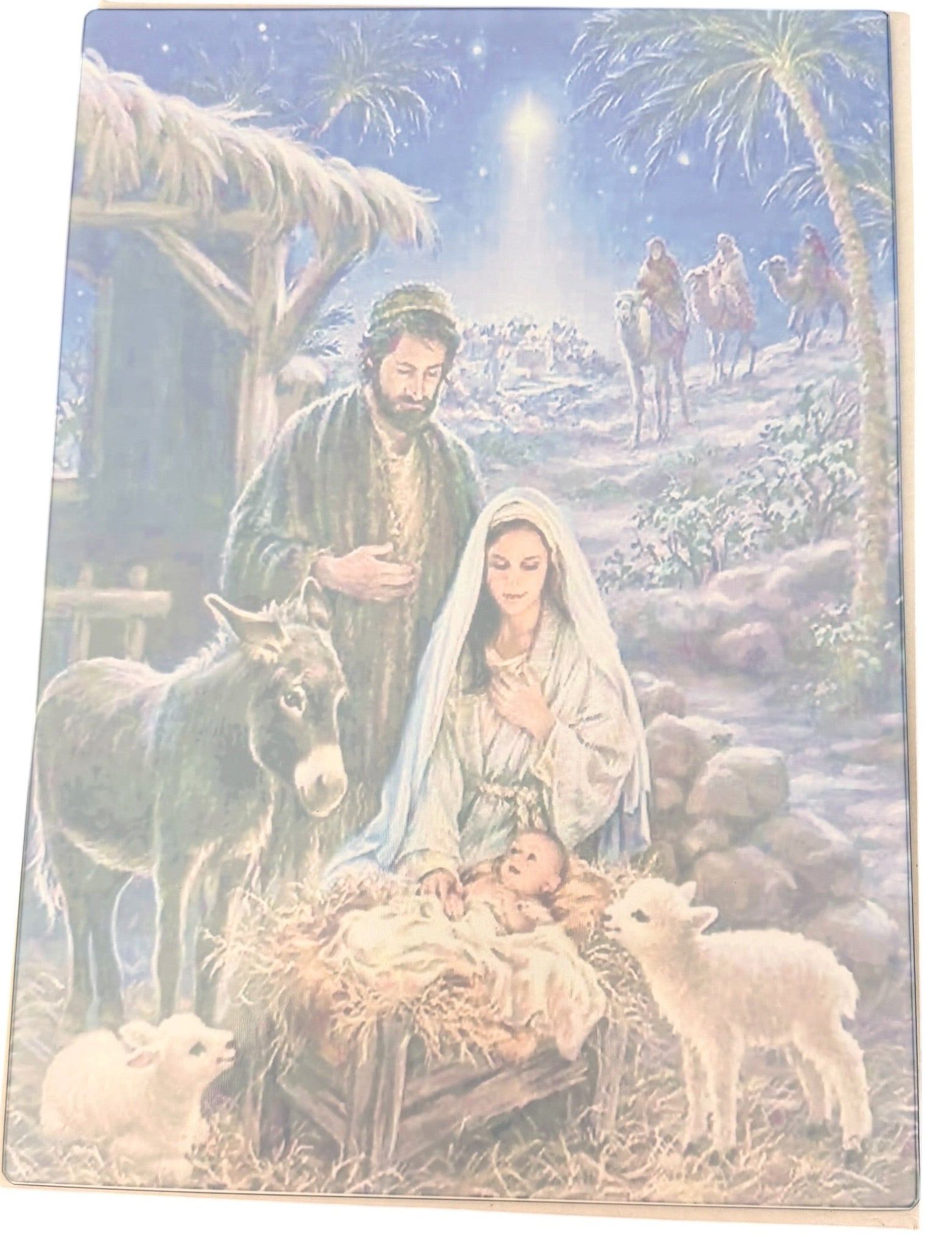 New Gorgeous Tempered Glass Cutting Board Christmas Nativity Scene. 8" x 11"