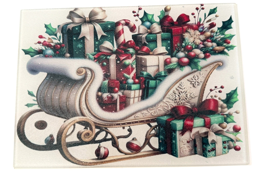 New Fun Christmas Sleigh with Presents Tempered Glass Cutting Board. 11" x 8"