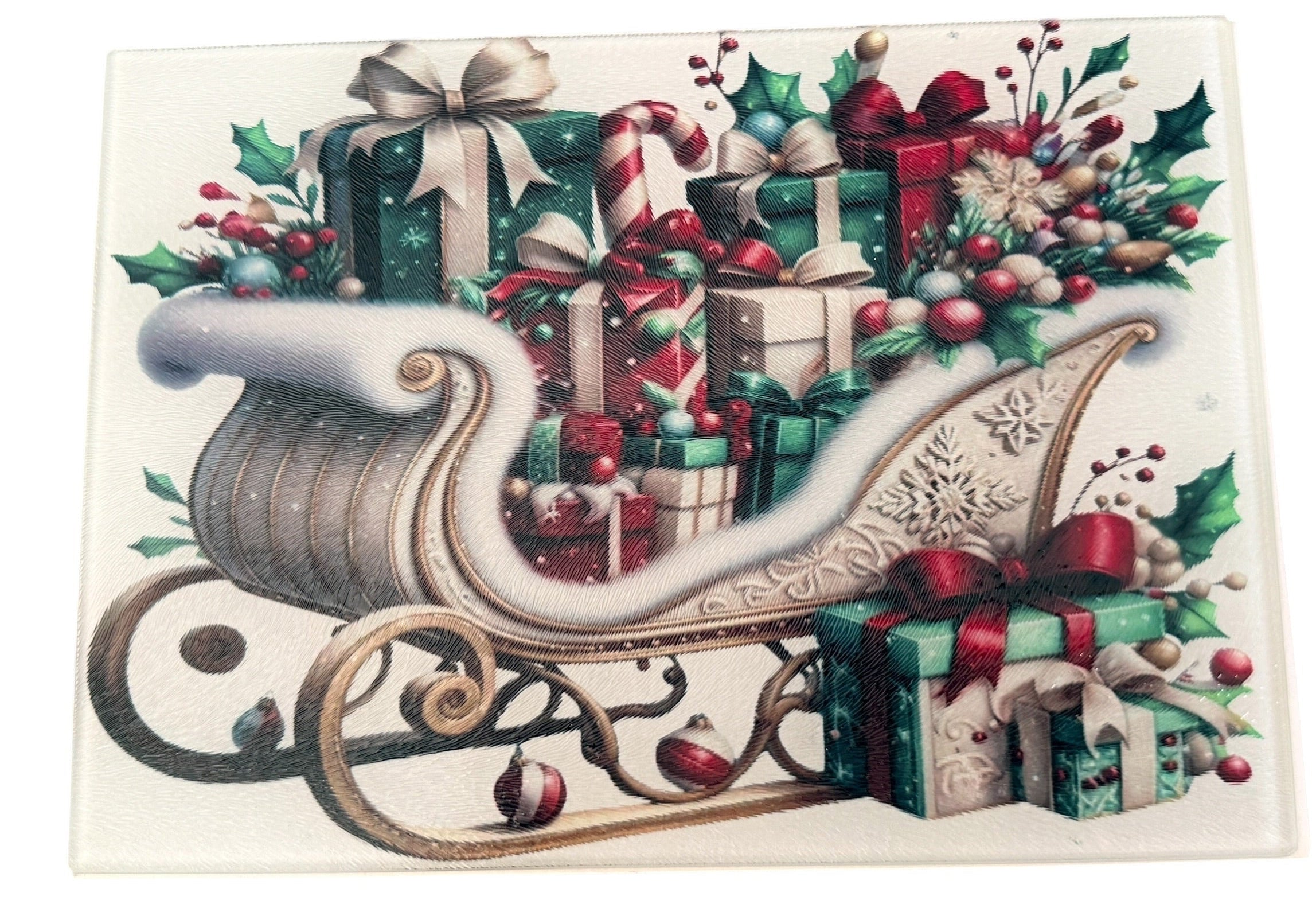New Fun Christmas Sleigh with Presents Tempered Glass Cutting Board. 11" x 8"