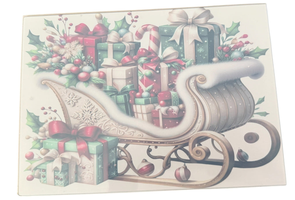 New Fun Christmas Sleigh with Presents Tempered Glass Cutting Board. 11" x 8"