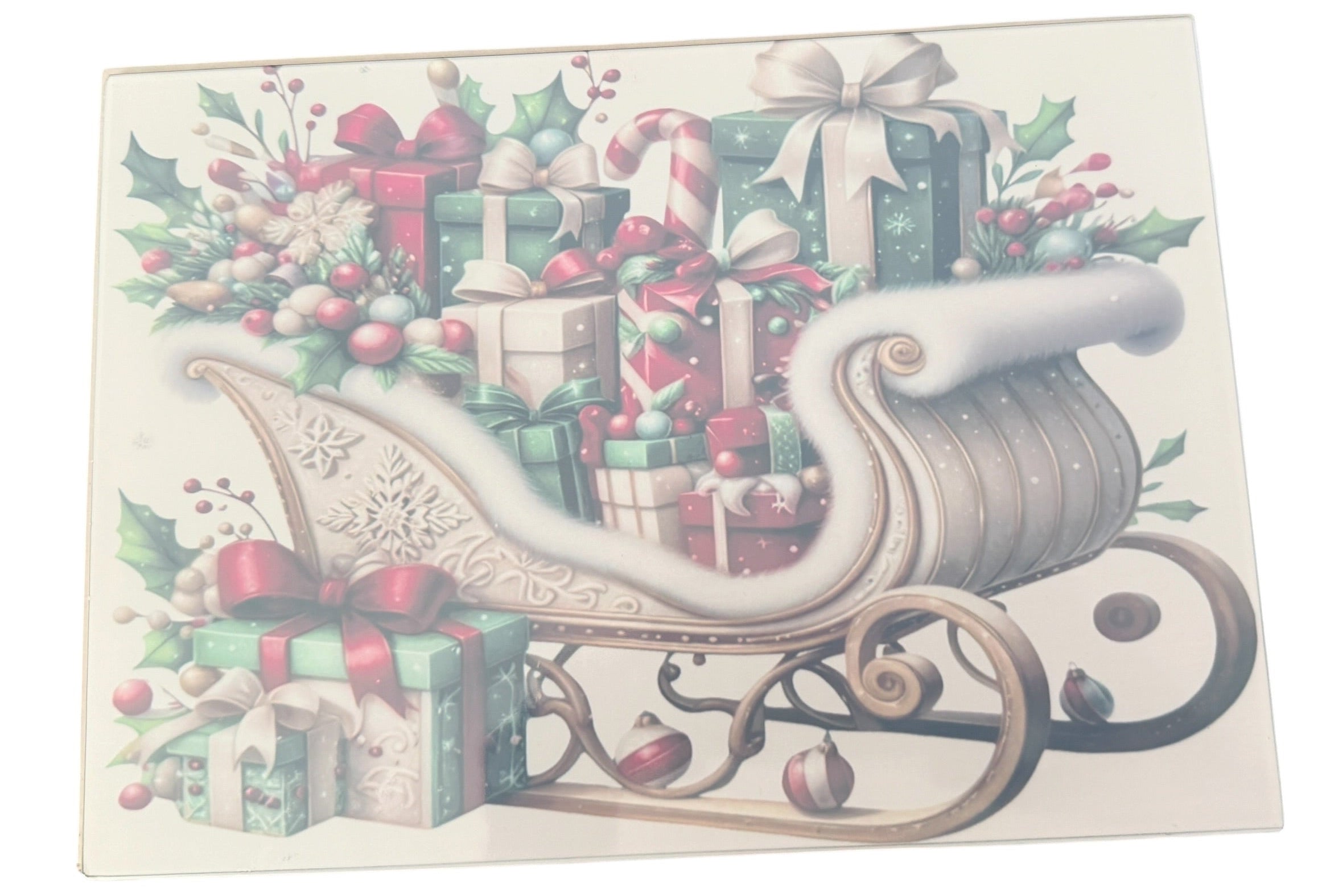 New Fun Christmas Sleigh with Presents Tempered Glass Cutting Board. 11" x 8"