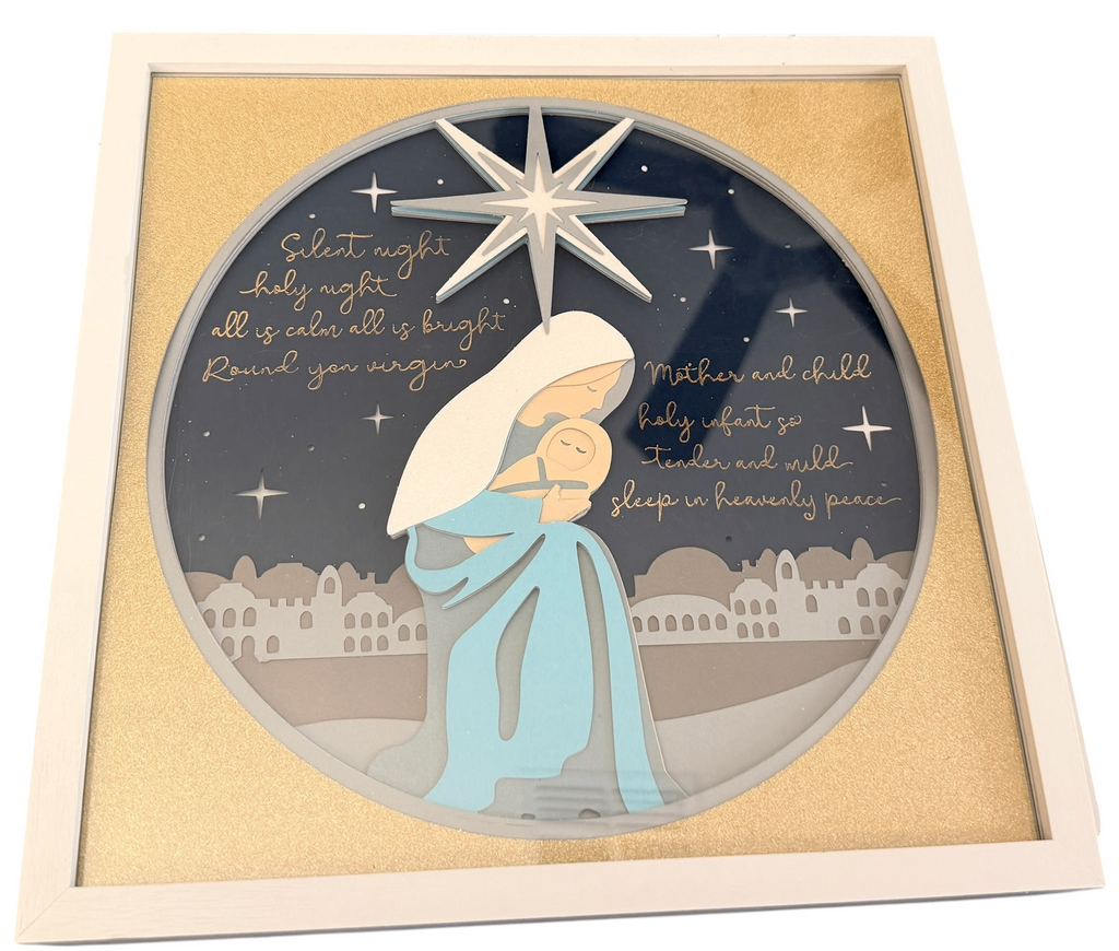New Beautiful Mary and Jesus Theme with Silent Night Written in Gold Foil. 10" x 10"