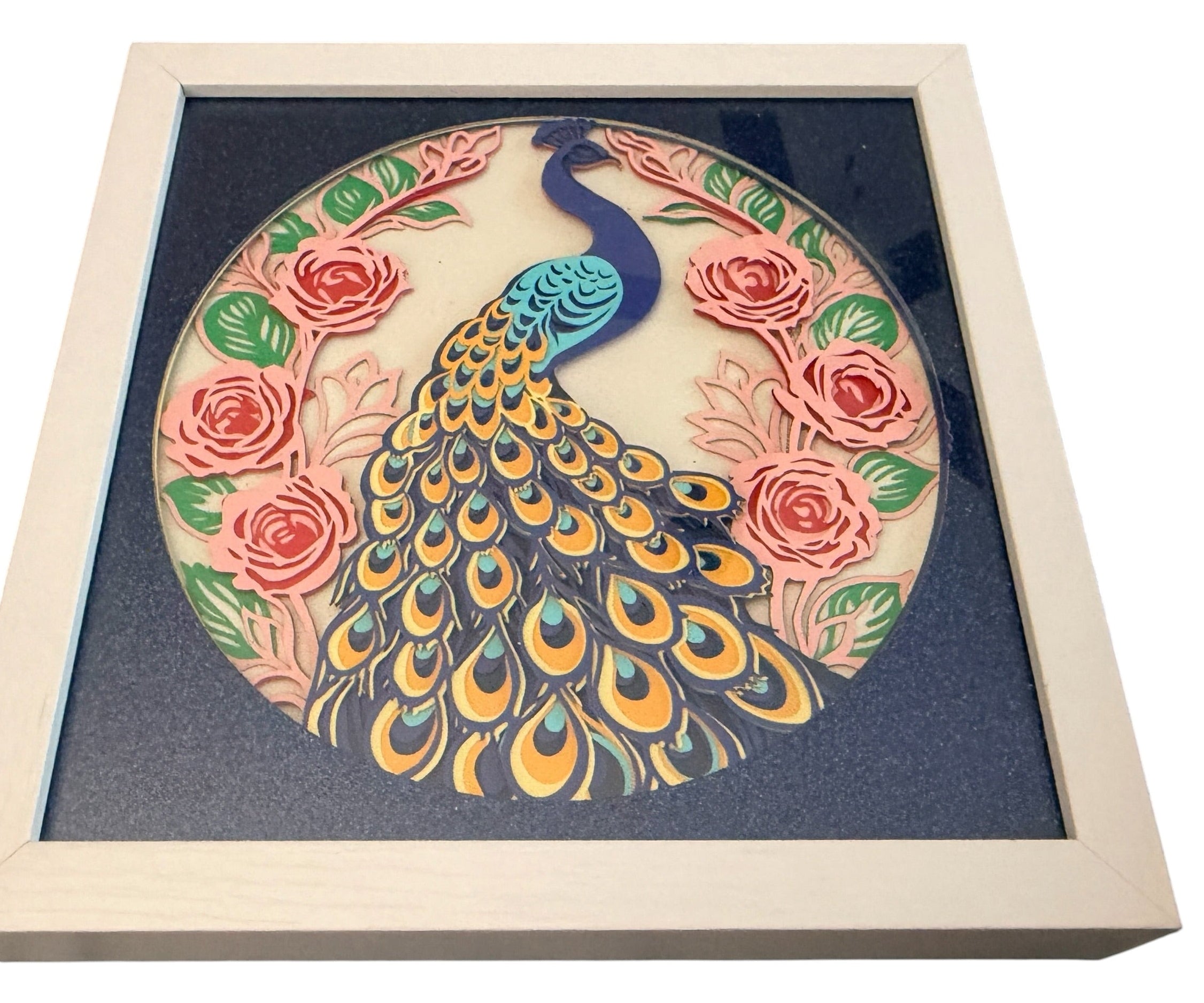 New Peacock Shadow Box. 9" x 9" Choice of Frame Color