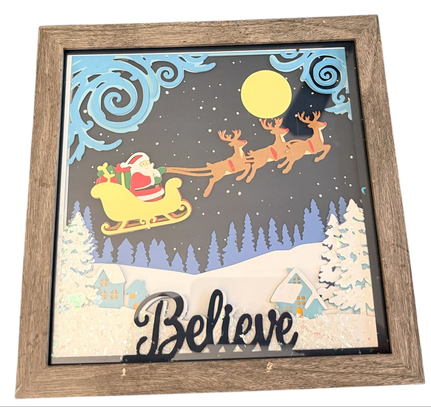 New Believe Santa and Reindeer Shadow Box 9" x 9". Choice of Frames