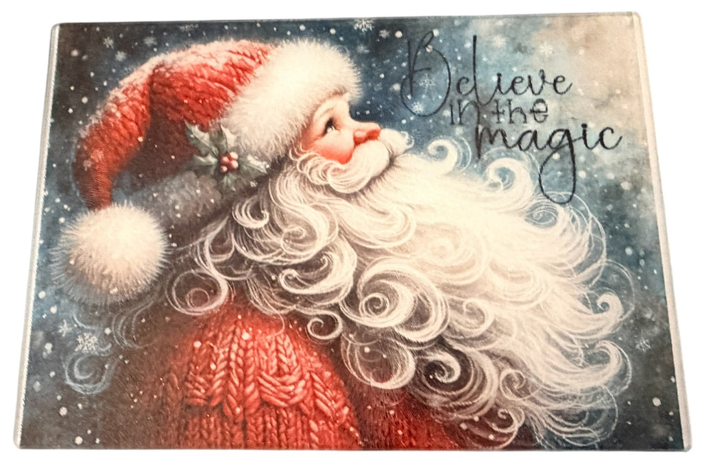 New Fabulous Santa "Believe In The Magic" Tempered Glass Cutting Board.  11" x. 8"