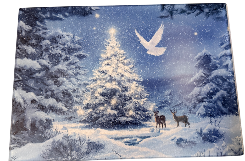 New Fun Wintry Scene Tempered Glass Cutting Board. 11" x 8"