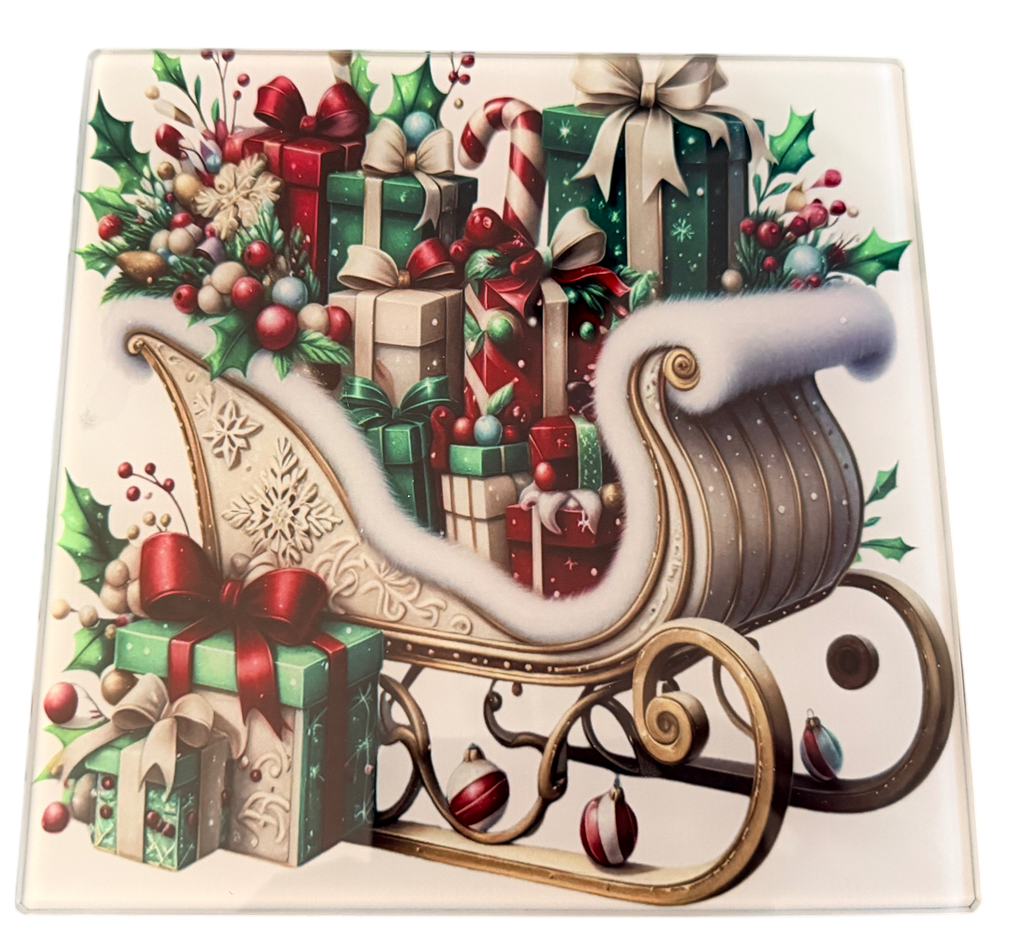 New Glass Christmas Design with Sleigh and Presents. 8" x 8"