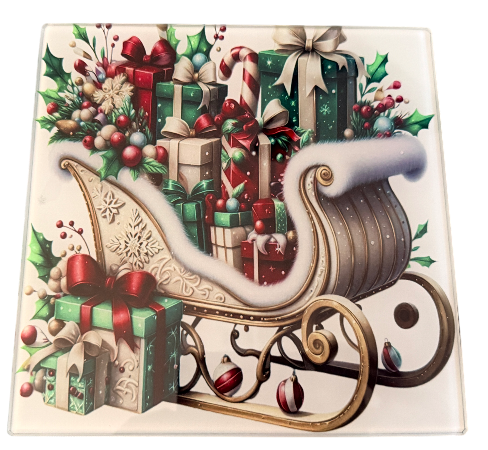 New Glass Christmas Design with Sleigh and Presents. 8" x 8"