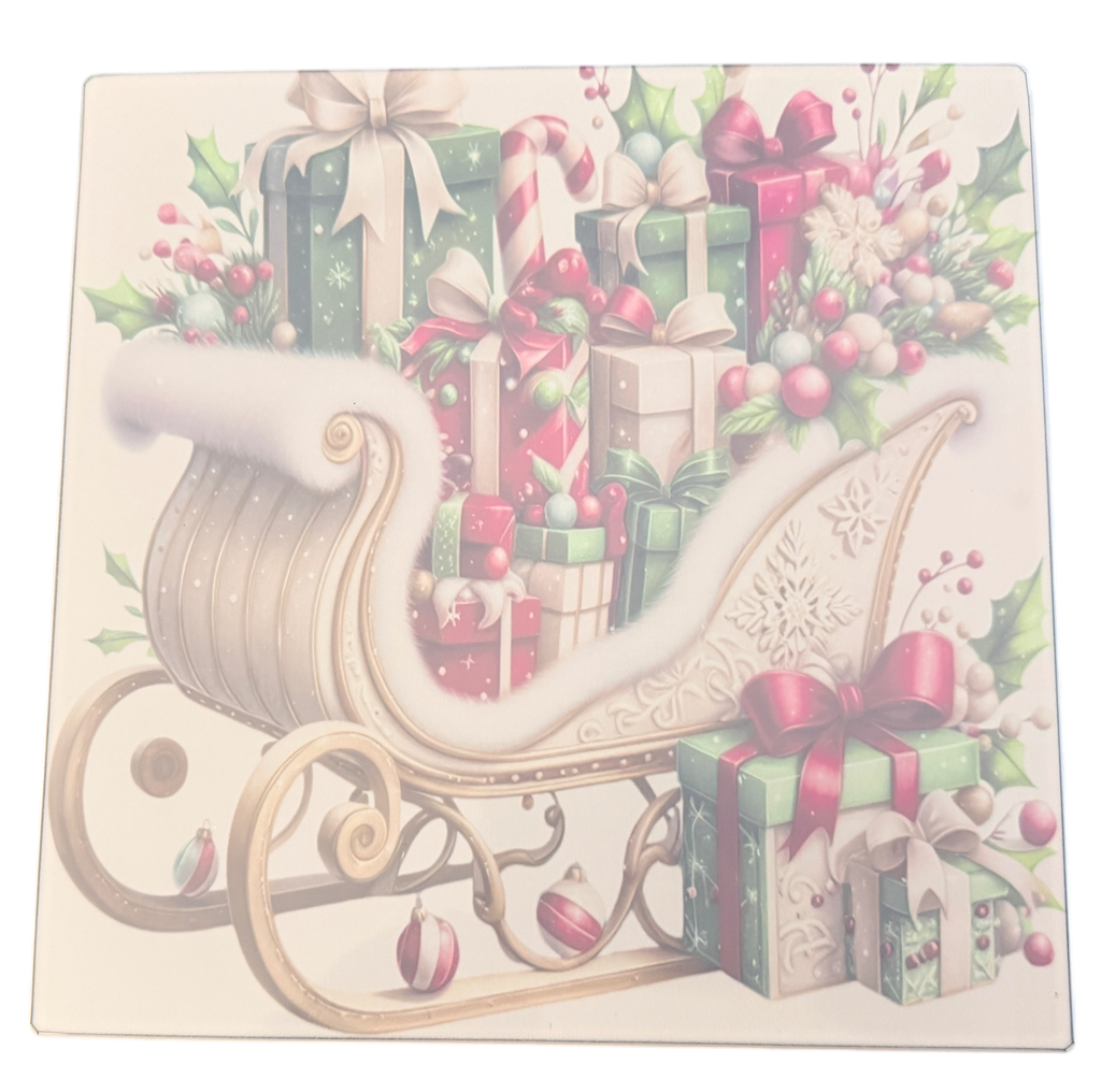 New Glass Christmas Design with Sleigh and Presents. 8" x 8"
