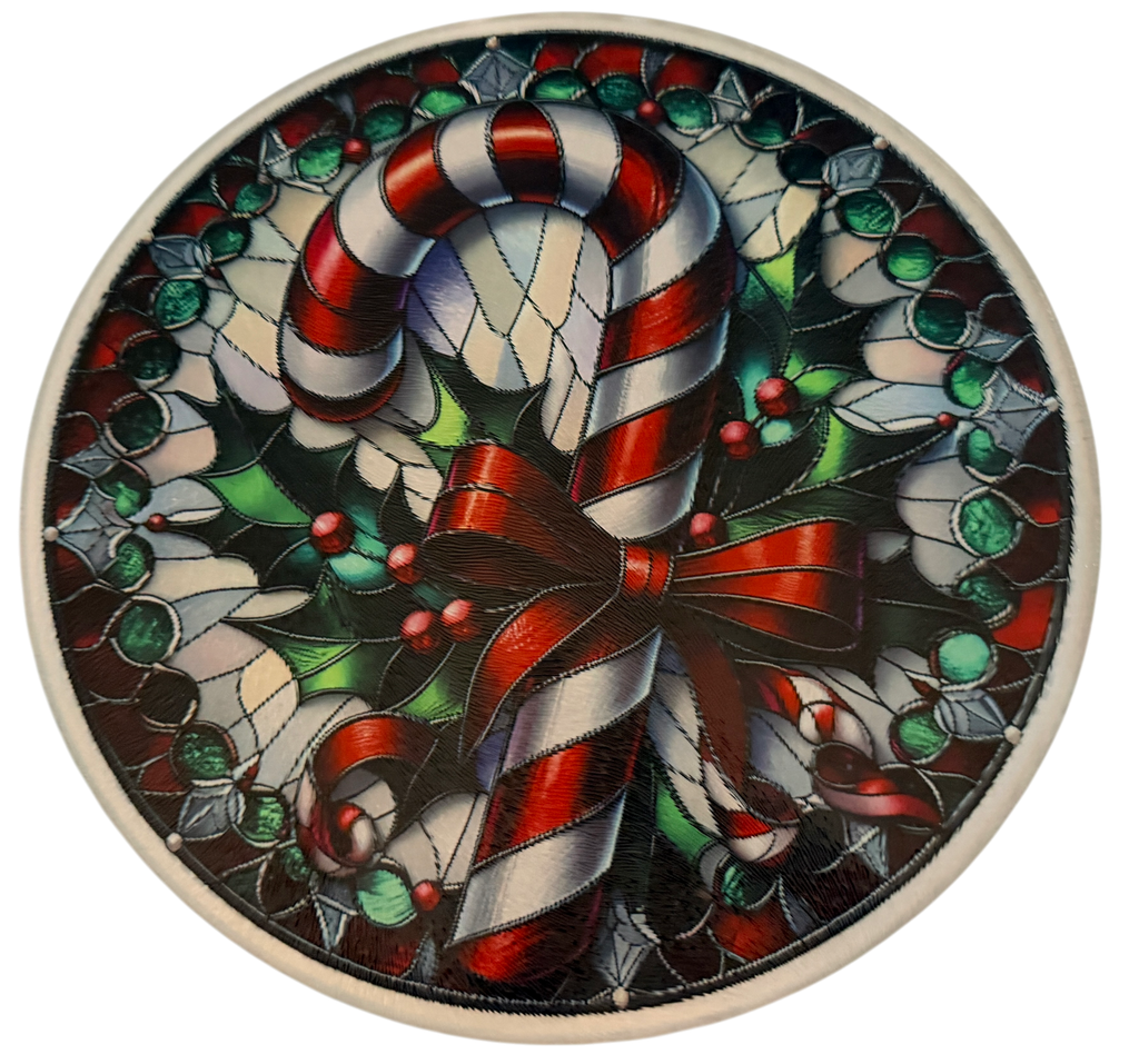 Fun Christmas Candy Cane Tempered Glass Cutting Board. 9" Round