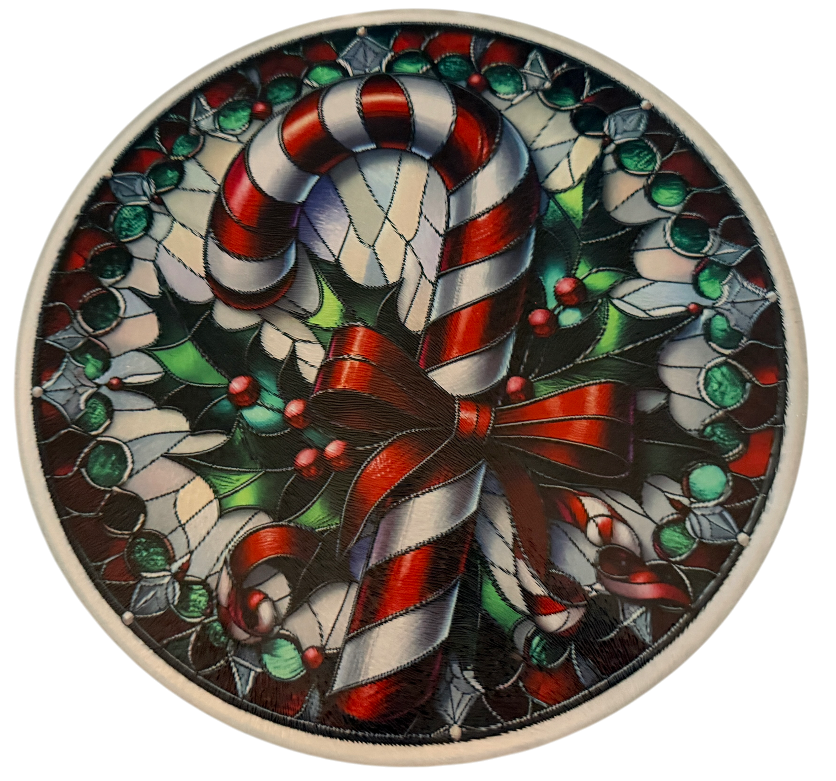 Fun Christmas Candy Cane Tempered Glass Cutting Board. 9" Round