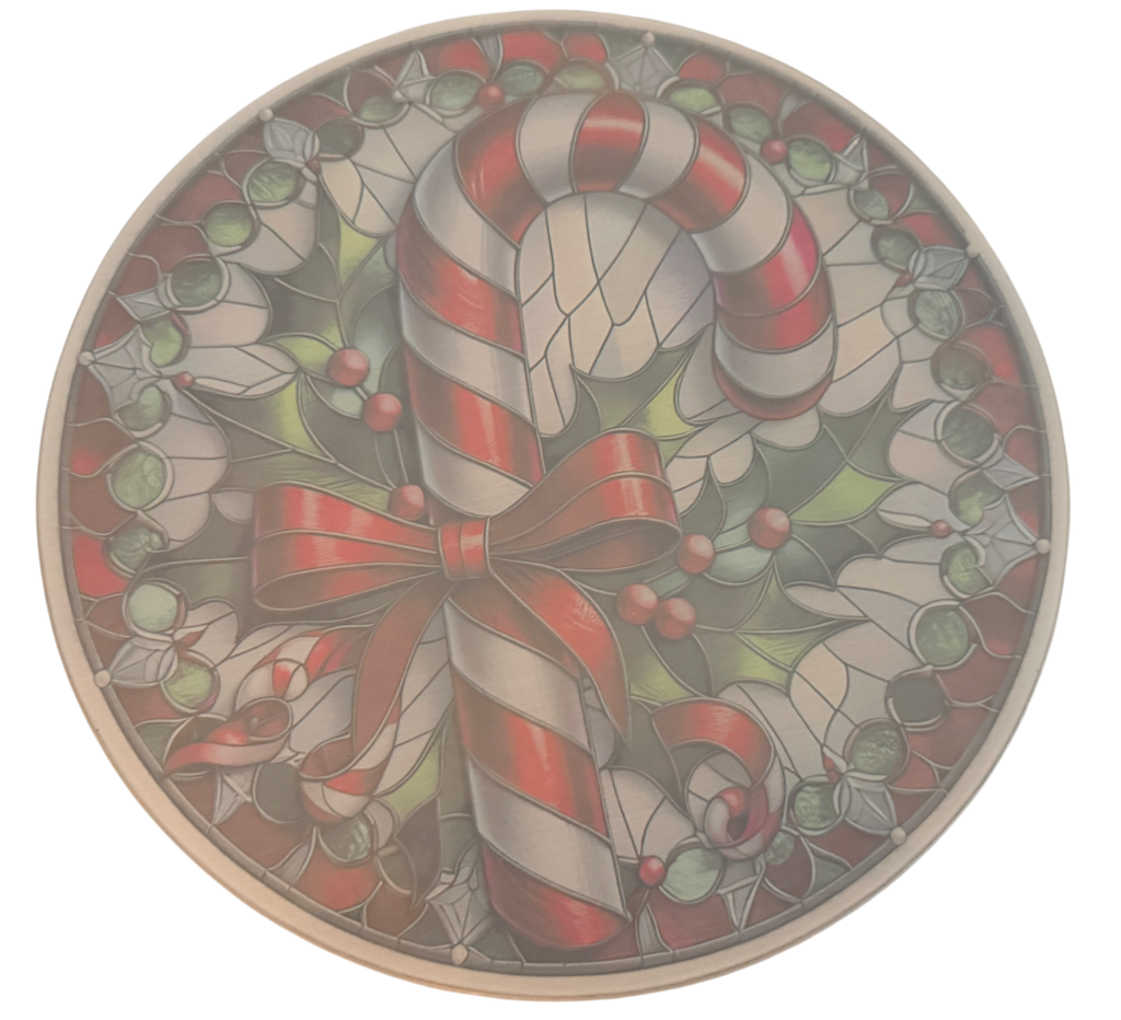 Fun Christmas Candy Cane Tempered Glass Cutting Board. 9" Round