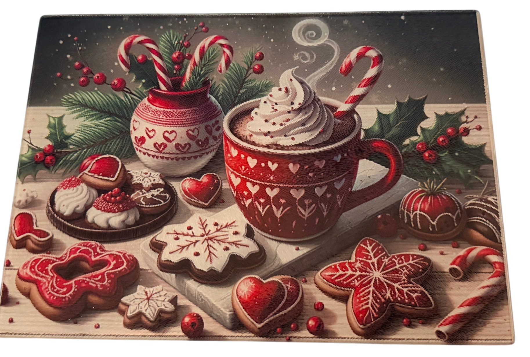 New Beautiful Christmas Cookie Theme Tempered Textured Glass Cutting Board 11" x 8"