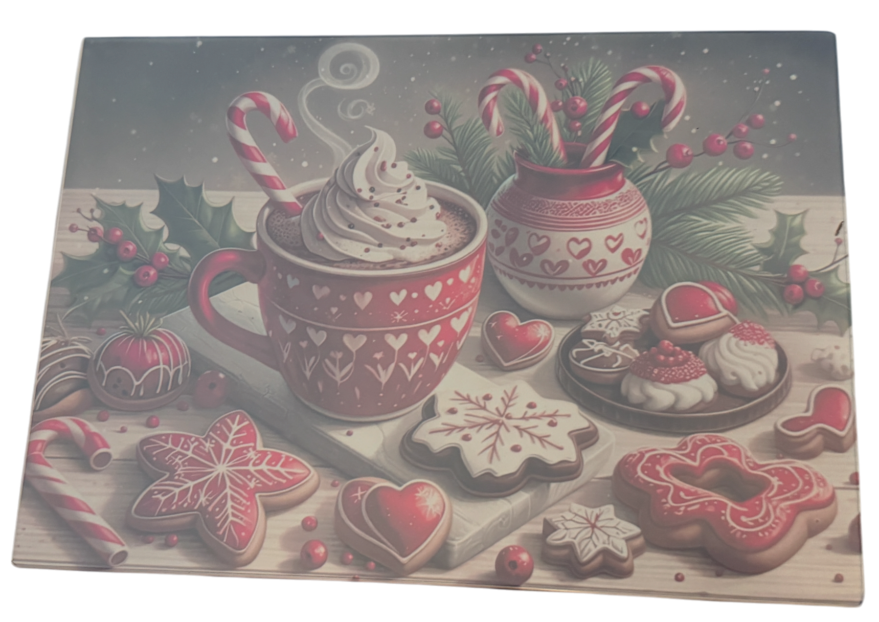New Beautiful Christmas Cookie Theme Tempered Textured Glass Cutting Board 11" x 8"