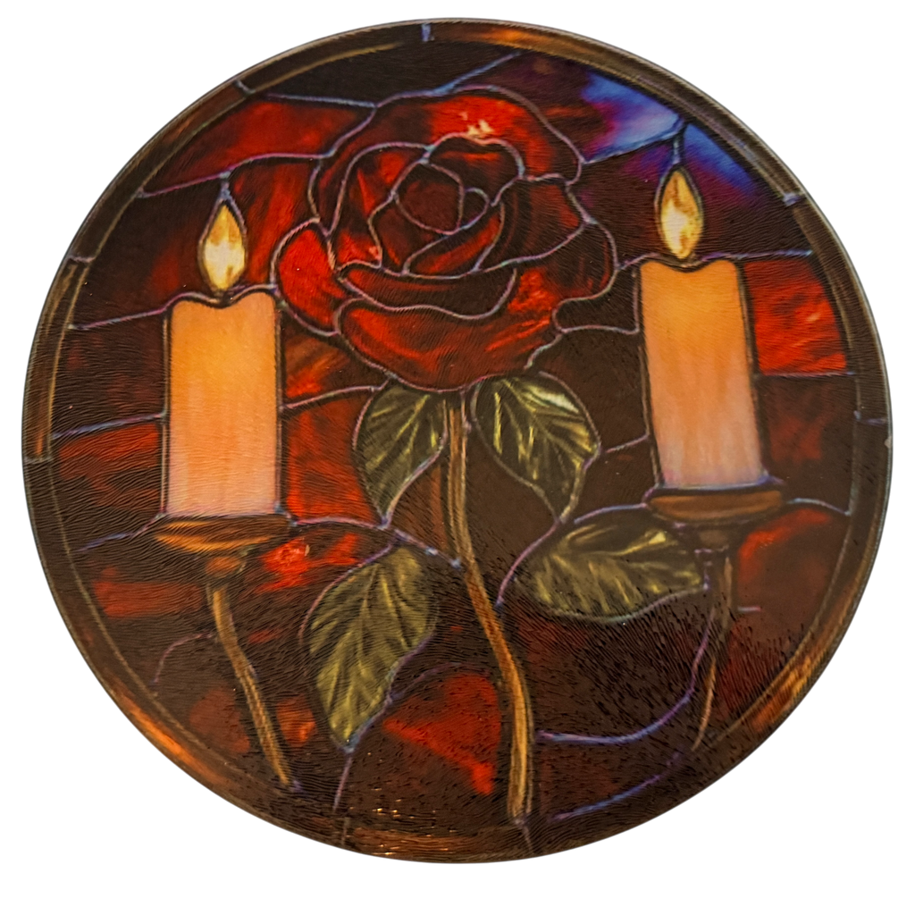 New Christmas Candles and Rose on Tempered  Glass. 9" Round Cutting Board