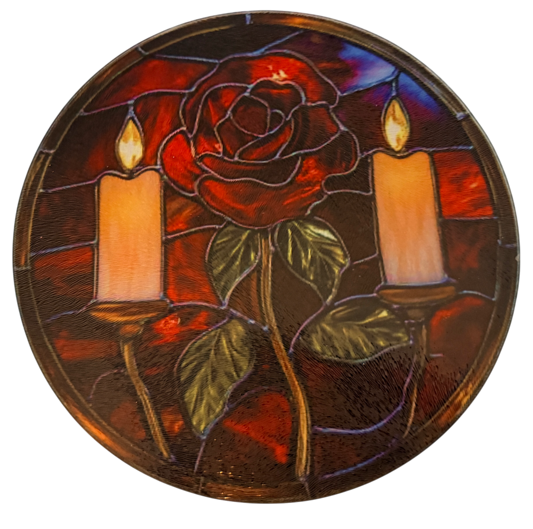 New Christmas Candles and Rose on Tempered  Glass. 9" Round Cutting Board