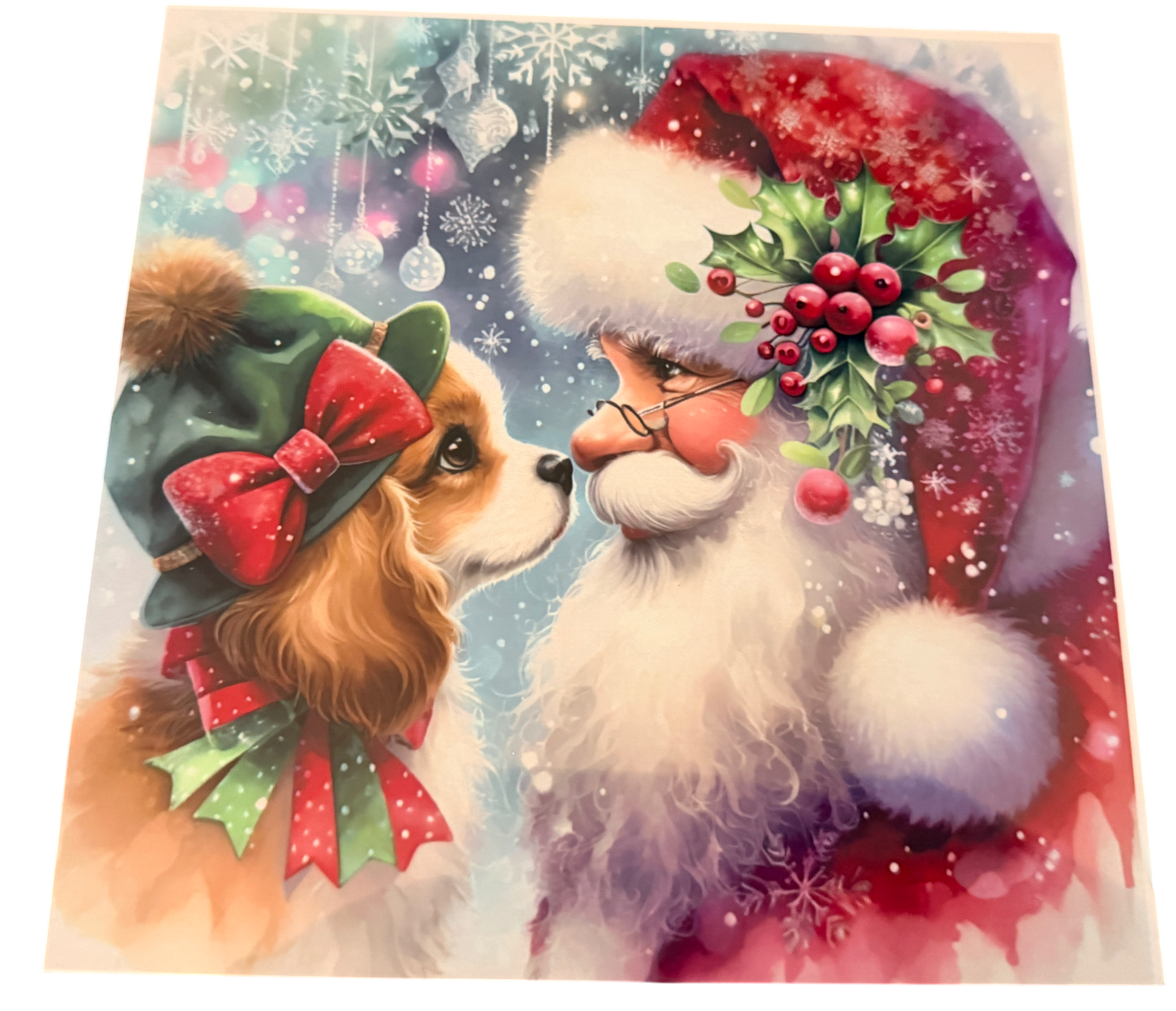 New Fun Santa and Cavalier Dog Photo on Aluminum. 8" x 10". Perfect to Frame.