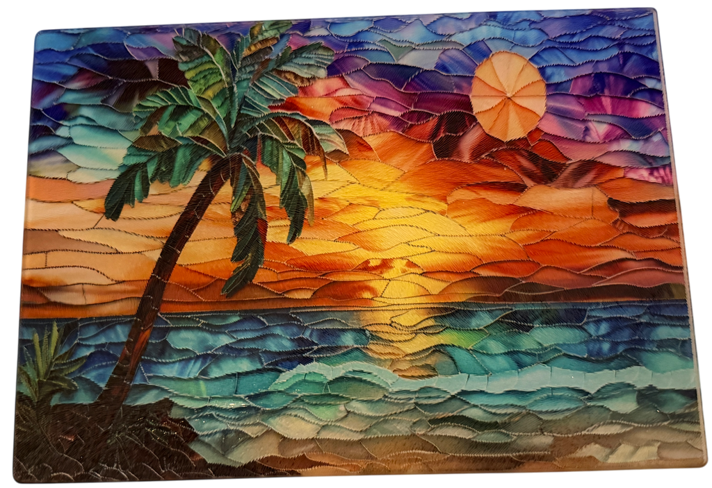 New Beautiful Ocean and Palm Tree Scene on Tempered Glass Cutting Board. 11" x 8"