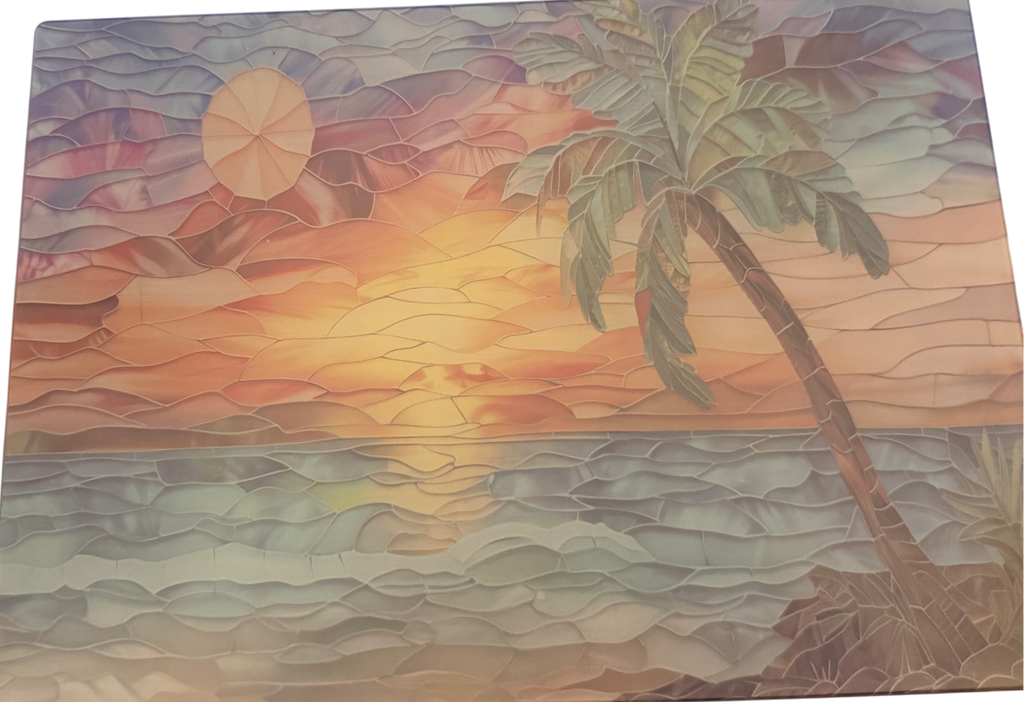 New Beautiful Ocean and Palm Tree Scene on Tempered Glass Cutting Board. 11" x 8"
