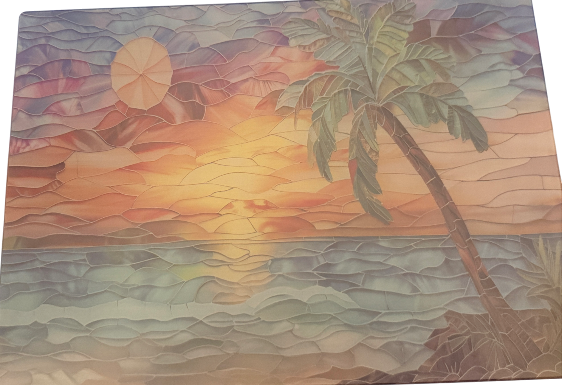 New Beautiful Ocean and Palm Tree Scene on Tempered Glass Cutting Board. 11" x 8"