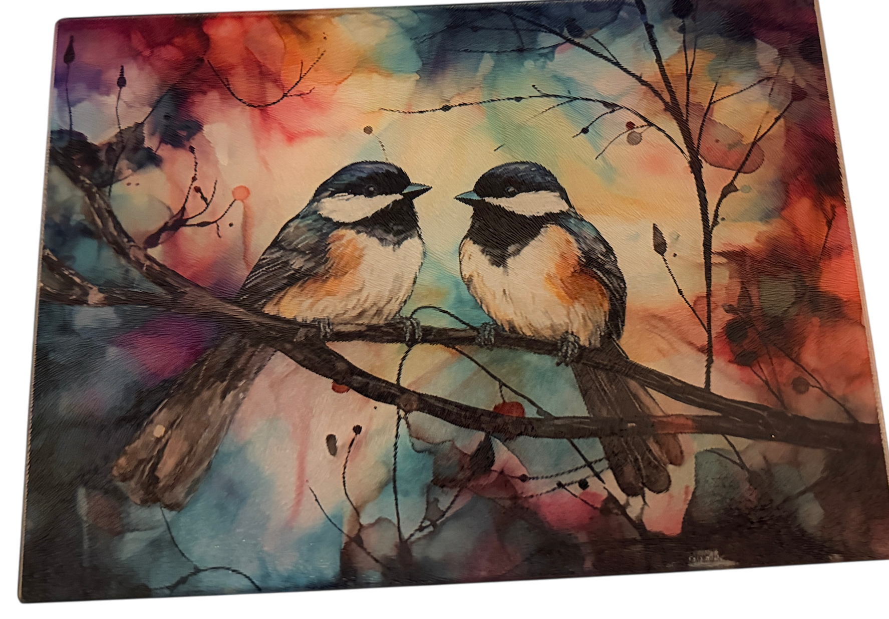 New Gorgeous Bird Scene on Tempered Glass Cutting Board and/or Home Decor. 11" x 8"