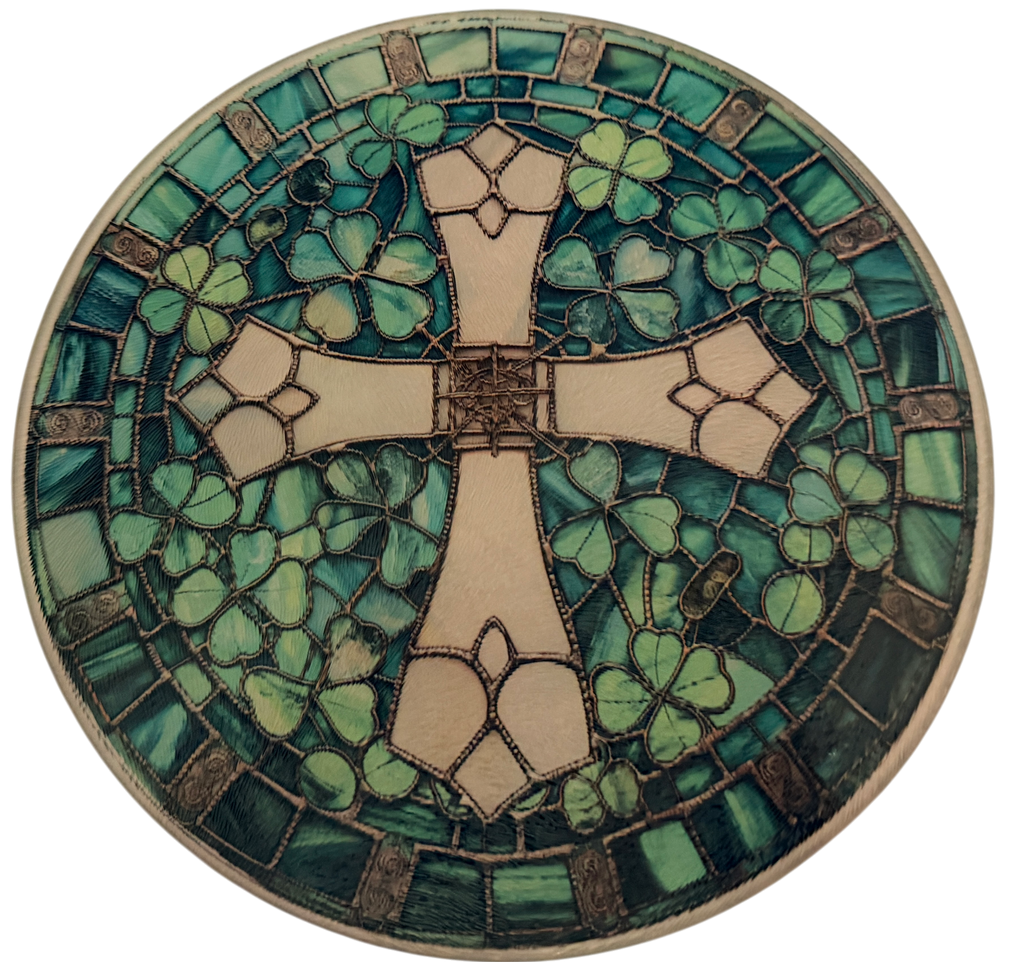 New Irish Cross Stained Glass Look On Tempered Glass Cutting Board and Home Decor 9" Round