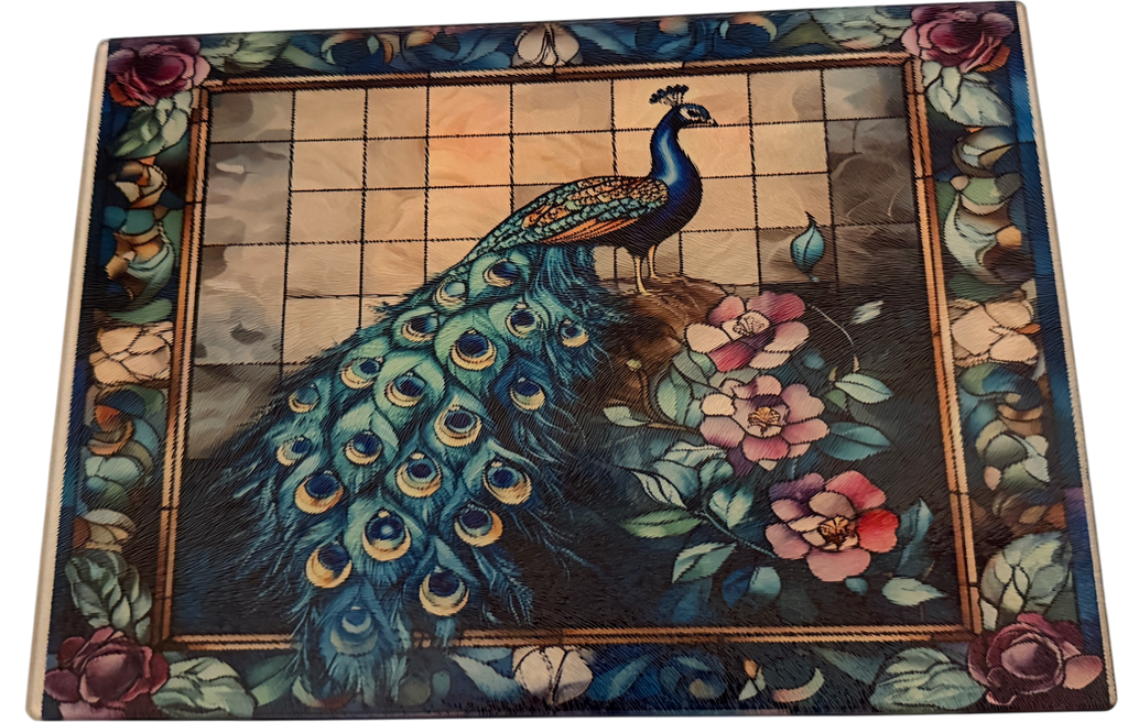 New Beautiful Peacock Theme Tempered Glass Cutting Board and Home Decor. 11" x 8"