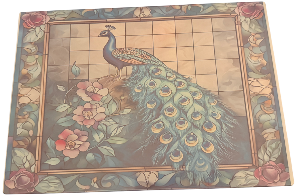New Beautiful Peacock Theme Tempered Glass Cutting Board and Home Decor. 11" x 8"