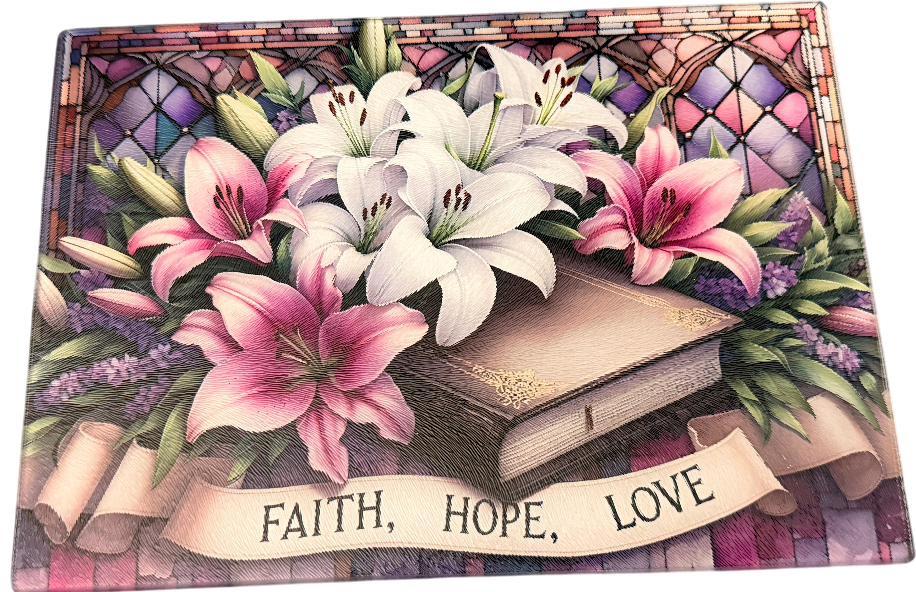 New "Faith, Hope, Love" Theme on Tempered Glass Cutting Board.  11" x 8"