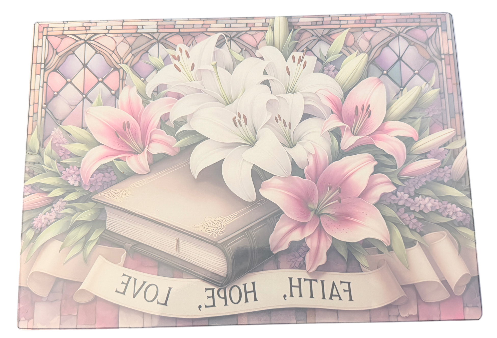 New "Faith, Hope, Love" Theme on Tempered Glass Cutting Board.  11" x 8"