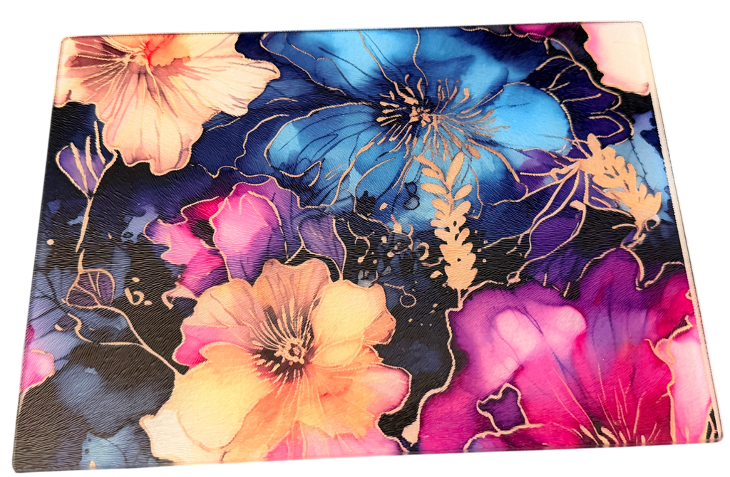 New Colorful Floral Design on Tempered Glass Cutting Board. 11" x 8"