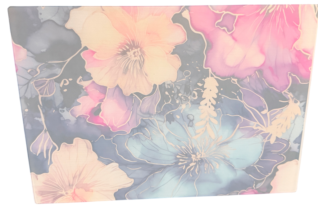 New Colorful Floral Design on Tempered Glass Cutting Board. 11" x 8"