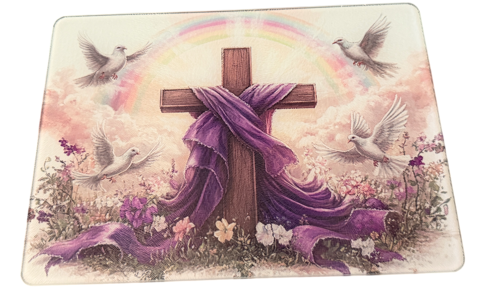 New Beautiful Cross and Doves on Tempered Glass Cutting Board & Home Decor. 11" x 8"