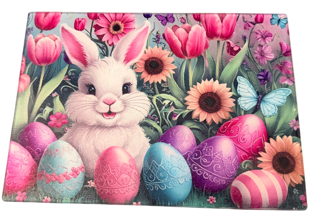 New Easter Bunny & Eggs Theme on Tempered Glass Cutting Board. 11" x 8"